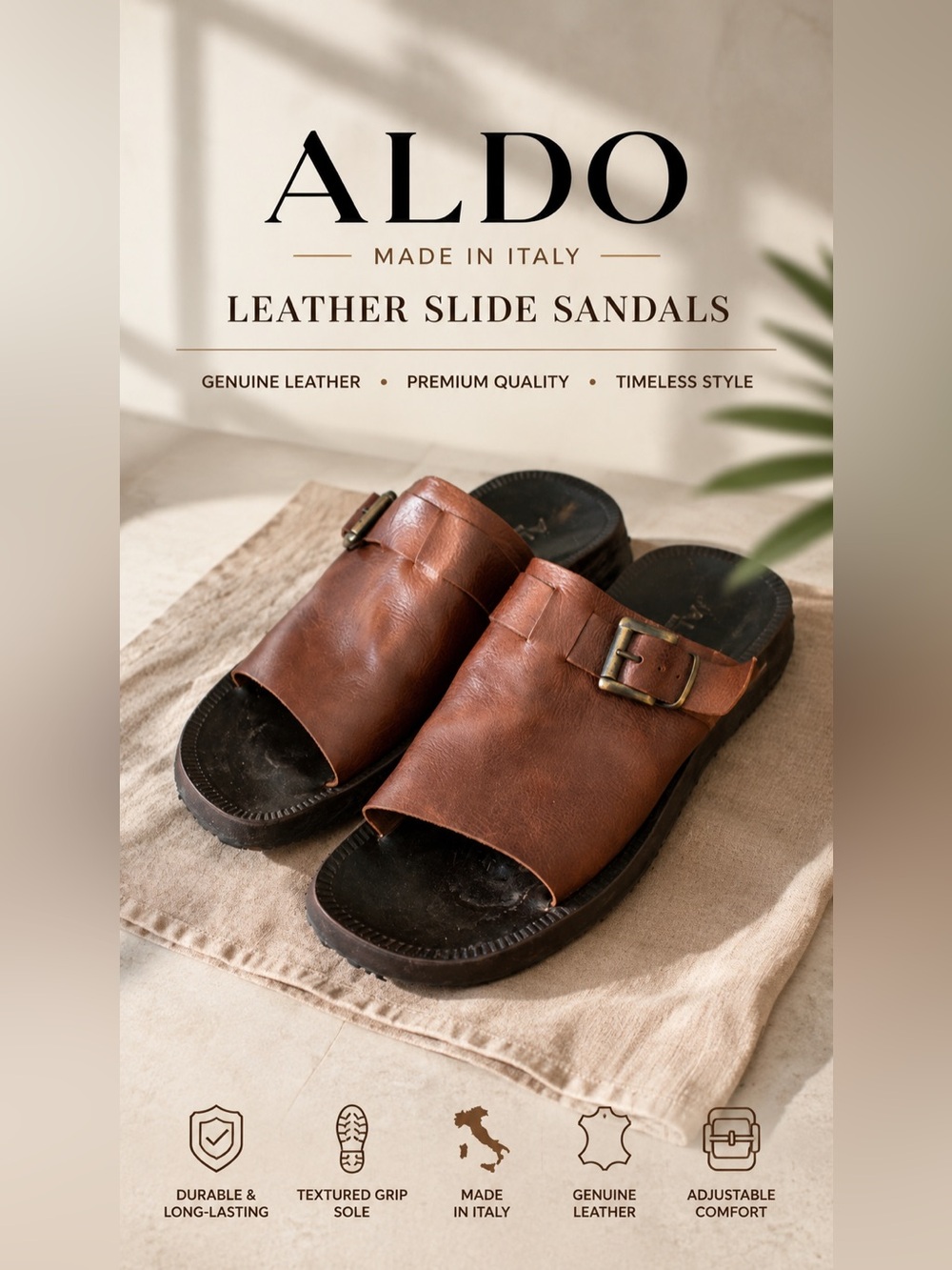 ALDO Men's Brown Leather Slide Sandals - Made in Italy